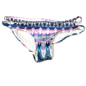 Victorias Secret Medium Cheeky Bikini Bottoms Blue Pink Strappy Watercolor #2896